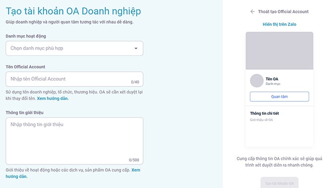 Tạo tài khoản doanh nghiệp